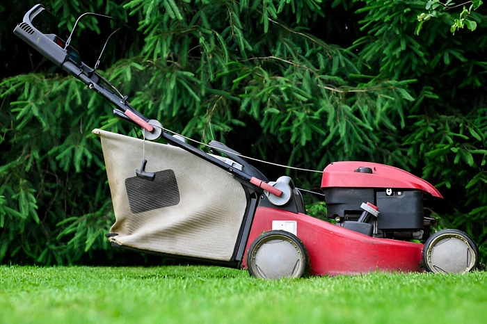 image of a lawn mower with bag attachment