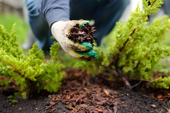 image of spreading mulch on lawn to get rid of stickers